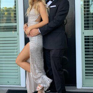 Showpo Enchante Strappy Halter Sequin Maxi Dress in Champagne - Size XS